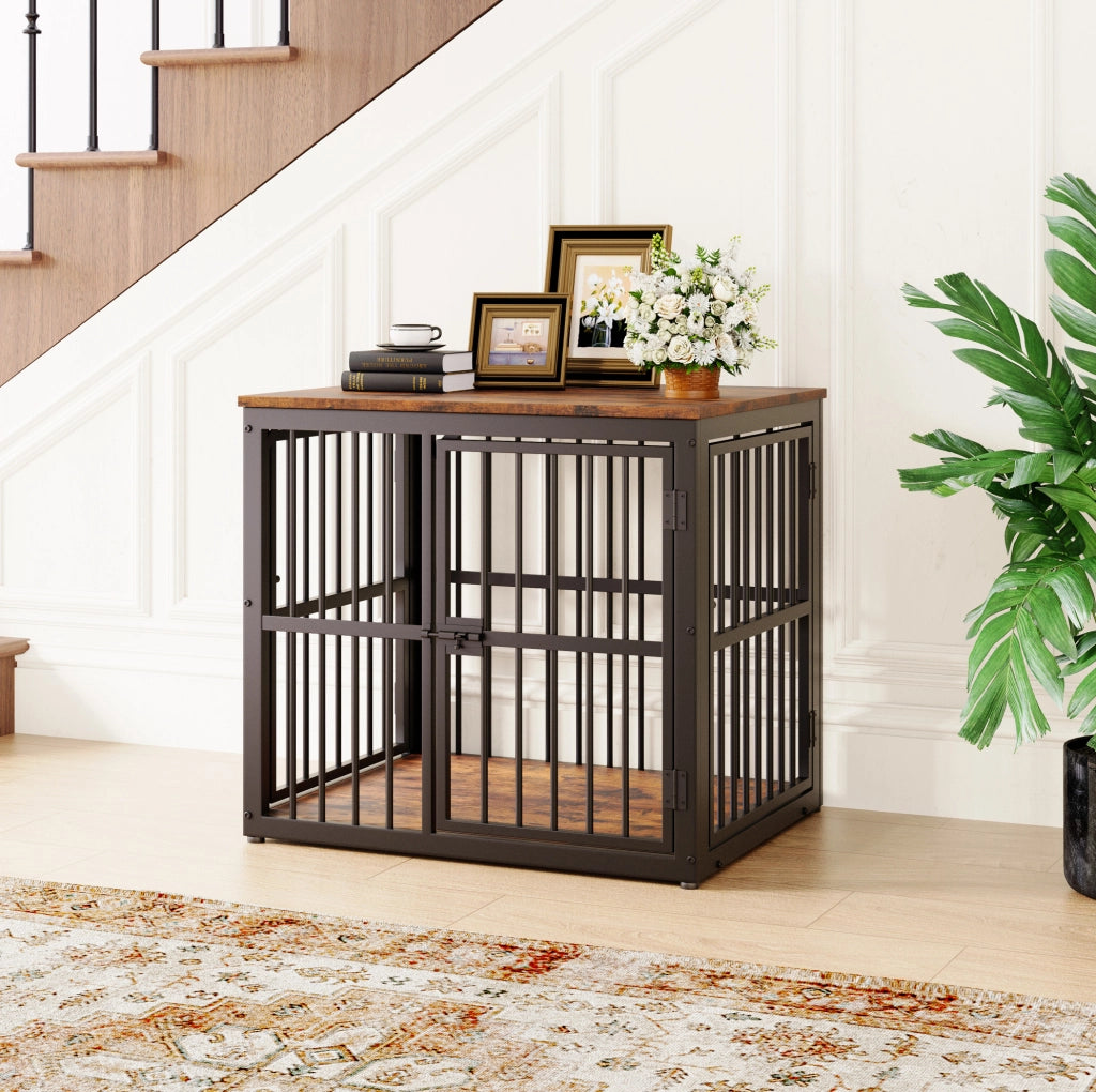 Gabbia per Cani Mobile 68,4×53×61 cm con 3 Porte, Tavolino Nero e Marrone