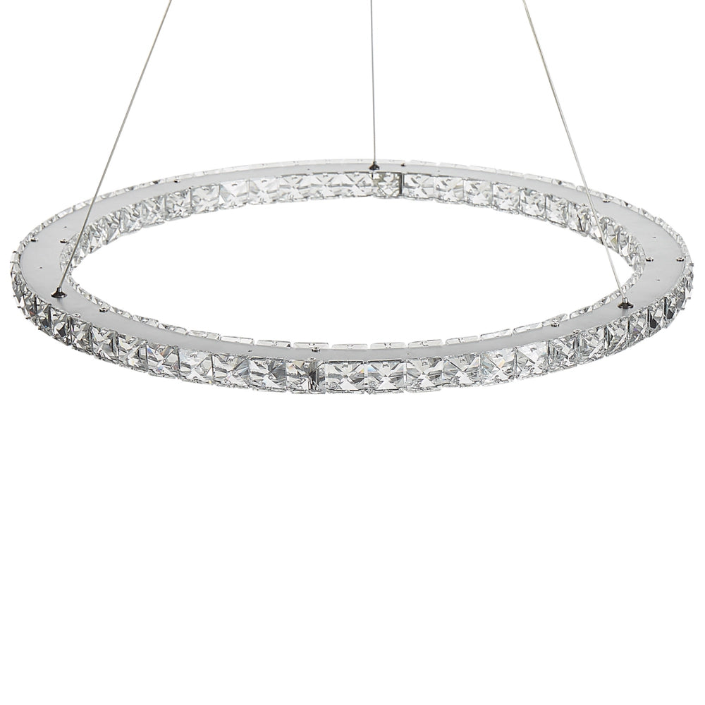 Lampada a Sospensione Argento Cristallo Vetro Acciaio Luci LED Integrate Anello Forma Rotonda Appeso Illuminazione Glamour Moderna