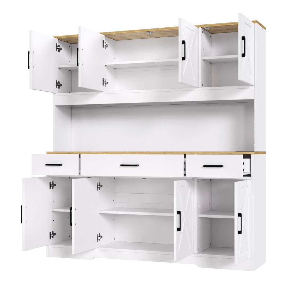 Credenza alta da cucina LED con 2 portabicchieri; ripiani regolabili; prese e USB; bianca; 150 × 40 × 180 cm