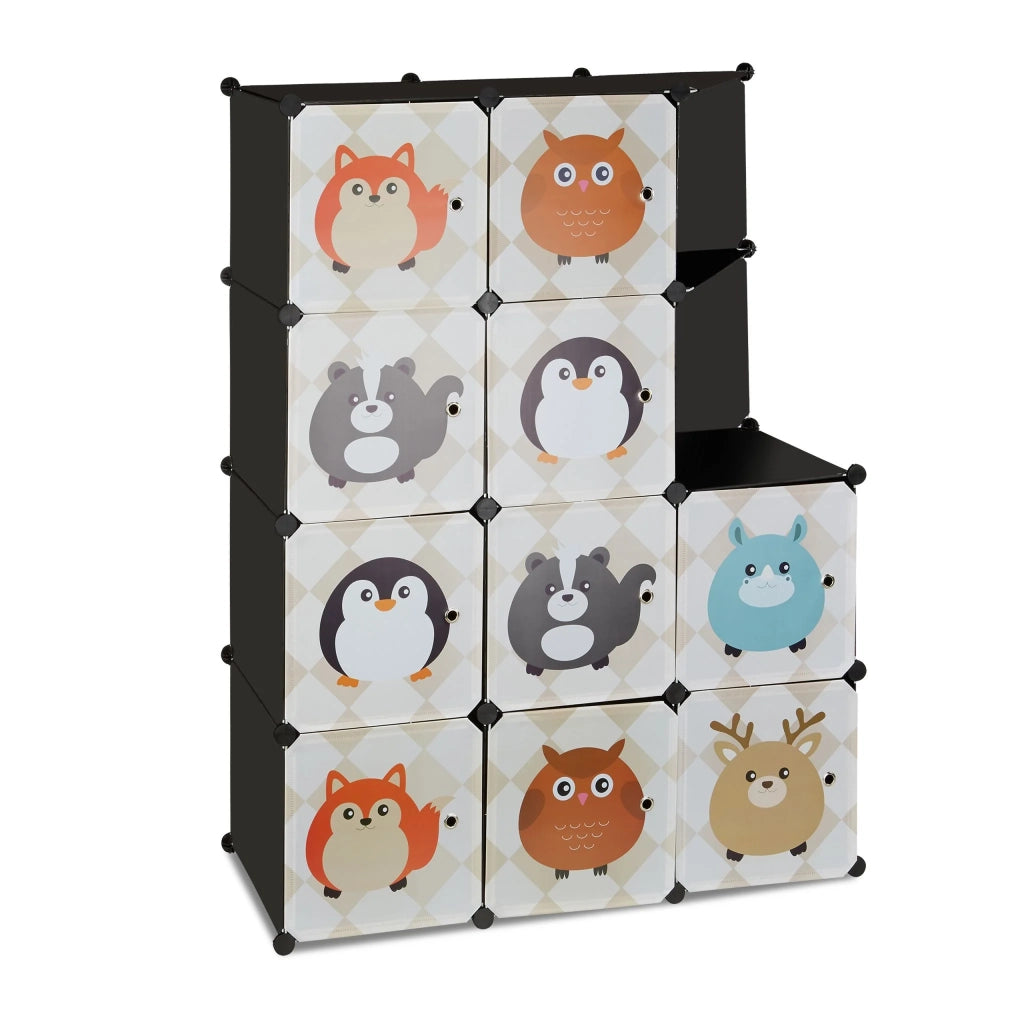 Armadio modulare a 10 scomparti portaoggetti per bambini motivi animali 85 x 40 x 180 cm in plastica nera 13_0004057