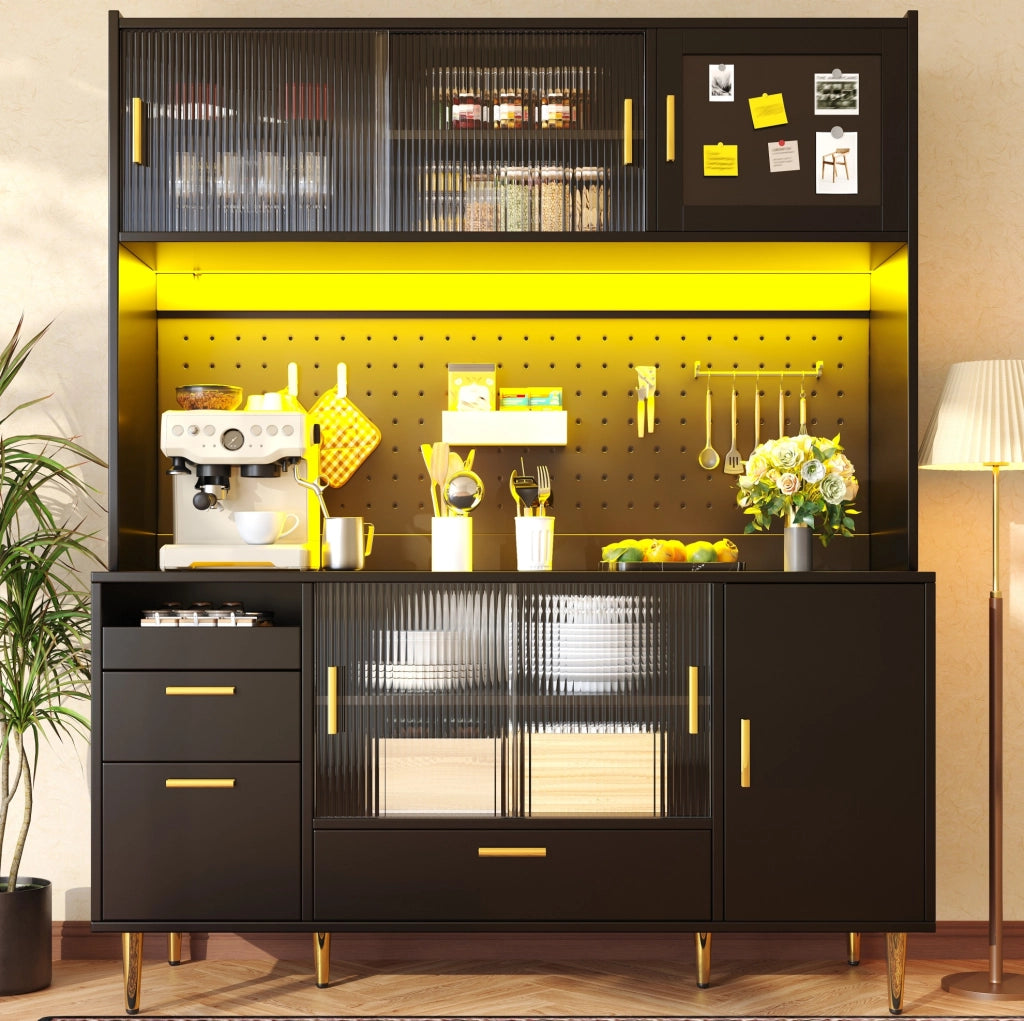 Buffet 140x40x180 cm con illuminazione LED e ante scorrevoli in vetro; MDF; nero