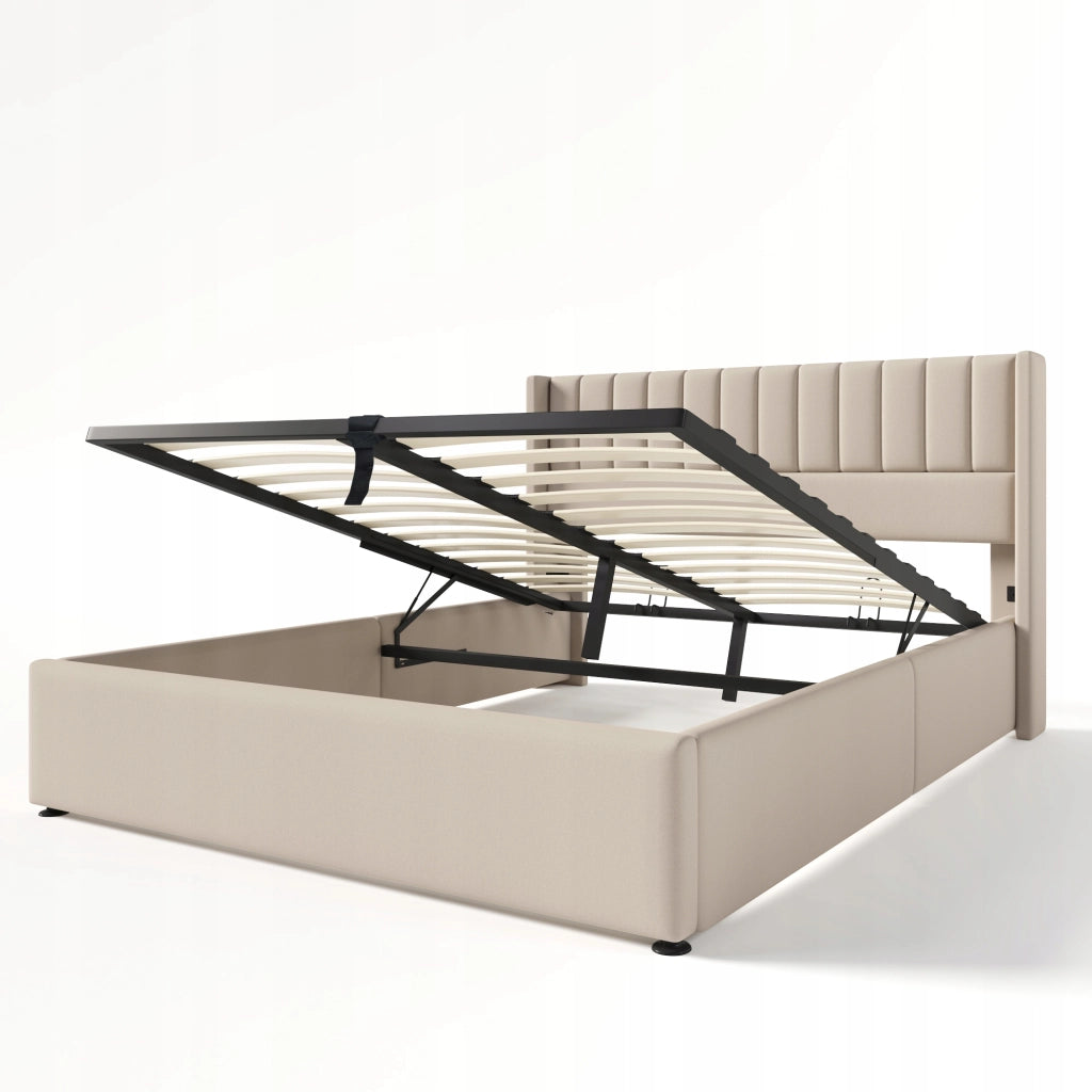Letto matrimoniale con idraulica - Xylo - 160x200 - Beige - Tessuto di lino con materasso