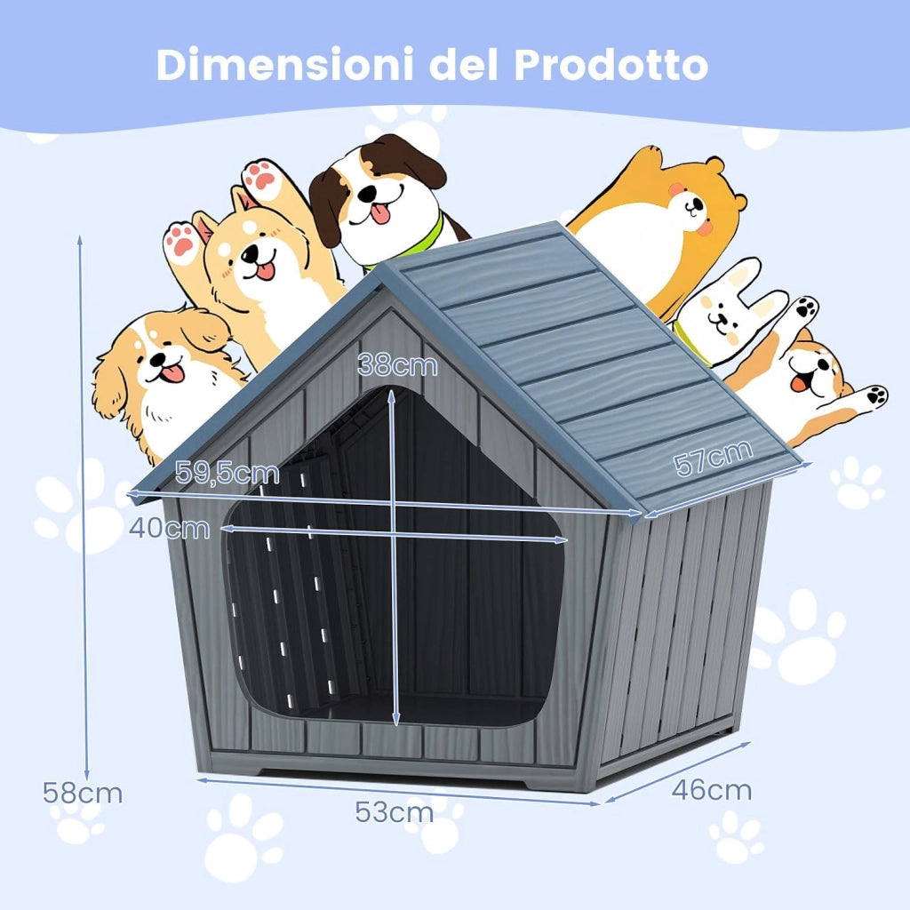 Cuccia per Cani da Interno ed Esterno, Casetta per Gani Impermeabile con Bocchette d'Aria e Tetto Inclinato, Rifugio per Animali Domestici per Cuccioli e Conigli