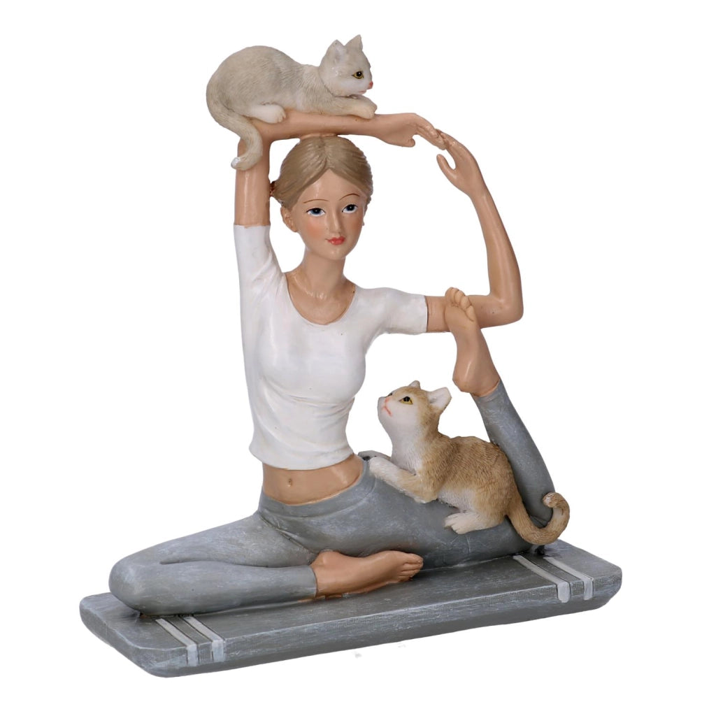 Statua resina donna con gatti grigio cm14,5x6h16