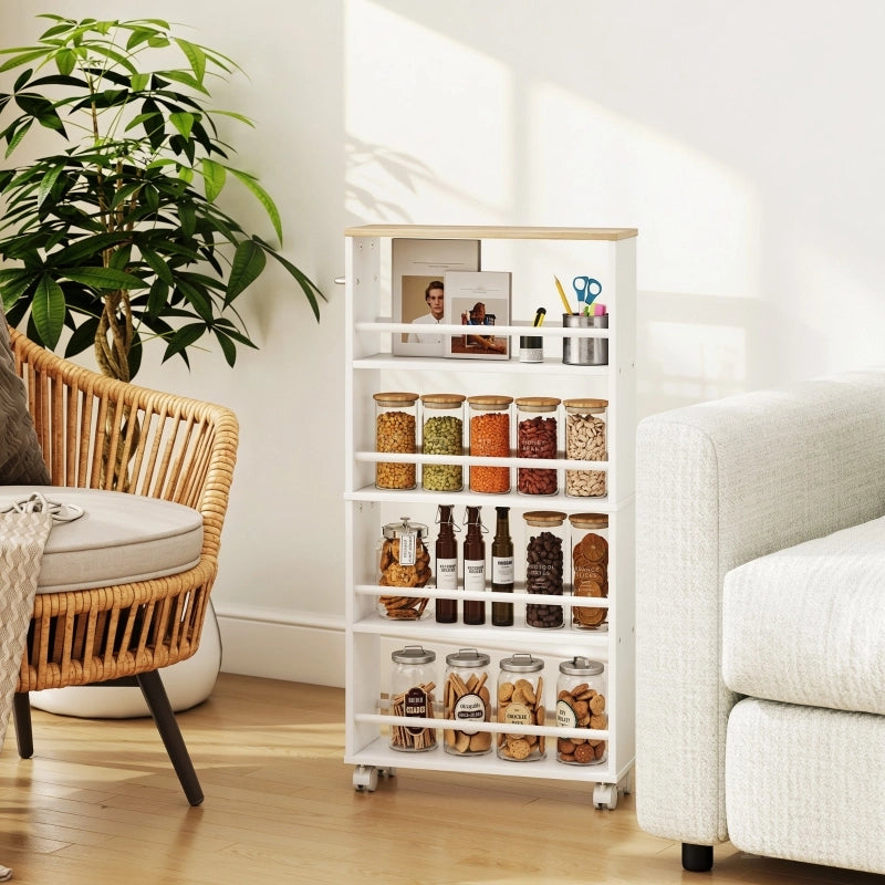 Scaffale multifunzionale con rotelle, design stretto, 4 scomparti, 45x15x91 cm, naturale
