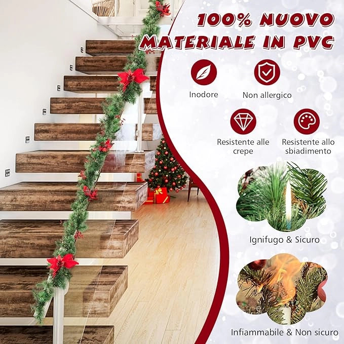 Ghirlanda di Natale Artificiale Pre-Illuminata 270CM con Luci LED, Pigne, Bacche e Fiori, Ghirlanda Natalizia a Batteria per Porta, Scale e Mensola, Decorazione Natalizia Interna ed Esterna