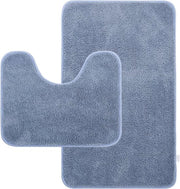 Set di tappeto bagno, 2 pezzi, tappeto bagno morbido in microfibra e tappeto WC con incavo, tappeto bagno non-scioltosi, set di tappeto bagno lavabile, blu chiaro, 50 x 80 + 50 x 40 cm.