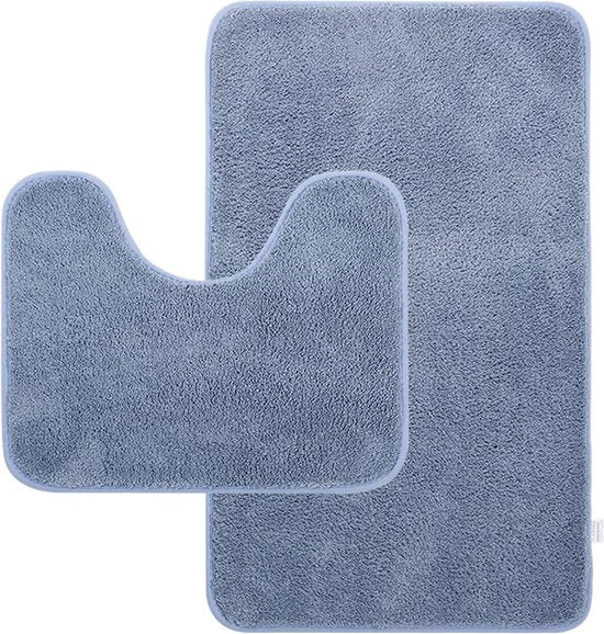 Set di tappeto bagno, 2 pezzi, tappeto bagno morbido in microfibra e tappeto WC con incavo, tappeto bagno non-scioltosi, set di tappeto bagno lavabile, blu chiaro, 50 x 80 + 50 x 40 cm.