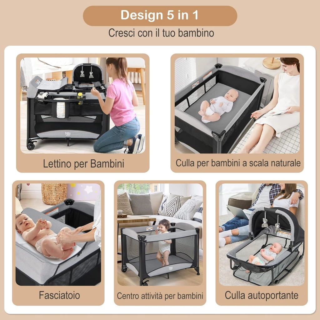 Lettino da Campeggio con Materasso, Lettino Pieghevole per Bambini con Fasciatoio, Culla da Viaggio con Ruote, Giocattolo, Lettino Bambini Staccabile, per Bambini 0-36 Mesi (Nero)