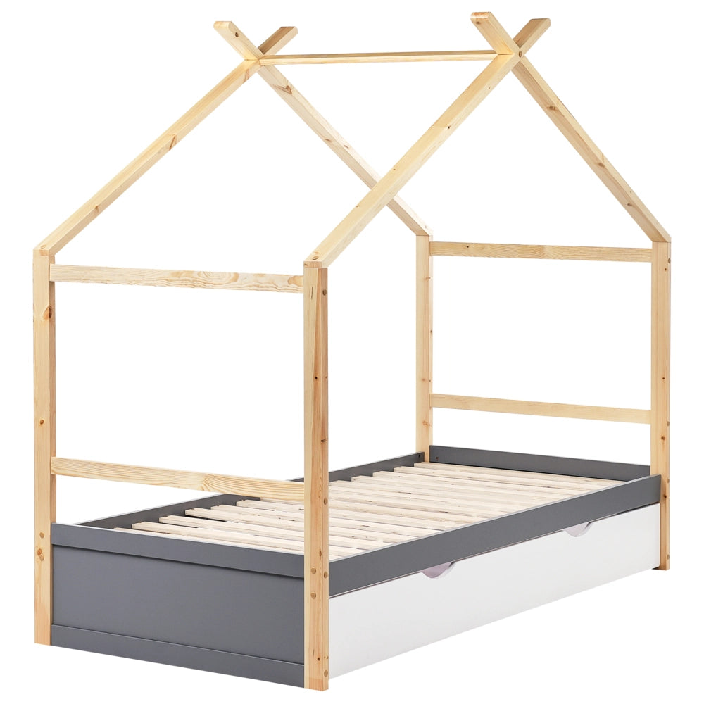 Letto per bambini in legno di pino grigio UE misura singola 90 x 200 cm con telaio a doghe cassetto contenitore letto per bambini piccoli
