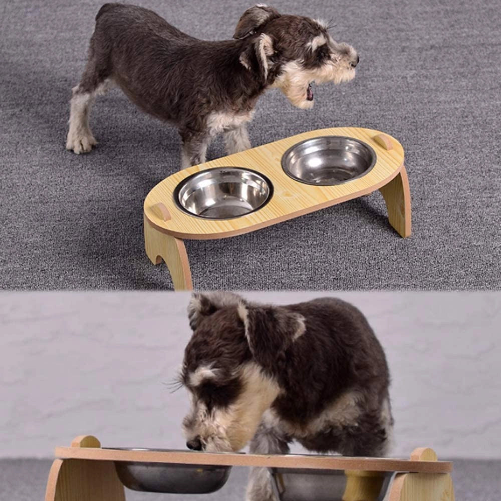 Trade Shop - Ciotola Doppia Rialzata Per Cani Gatti Con Base In Legno Per Animali Domestici -