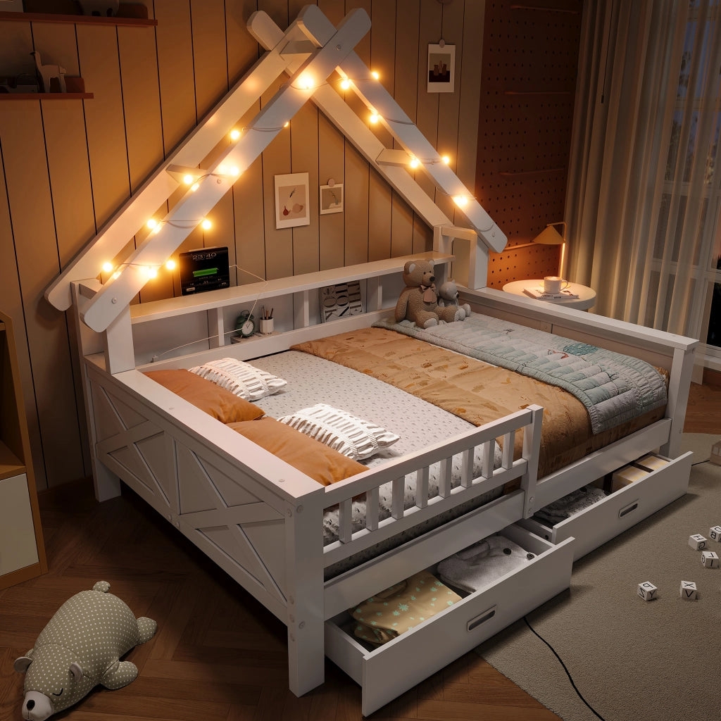 Letto per bambini 140×200 cm con LED; 2 cassetti; ripiani e barriera di sicurezza; senza materasso; bianco