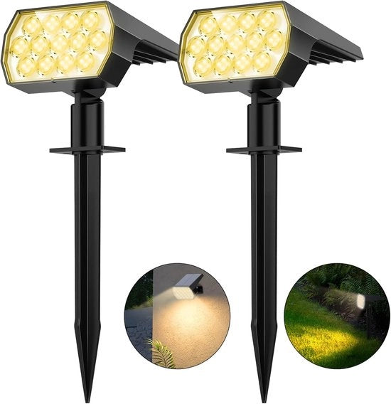 Faro esterno, [2 pezzi/52 LED/3 posizioni] Lampada di illuminazione per giardino, Lampada di protezione solare, Lampada da parete esterna IP68 per via, giardino, ingresso (bianco caldo)