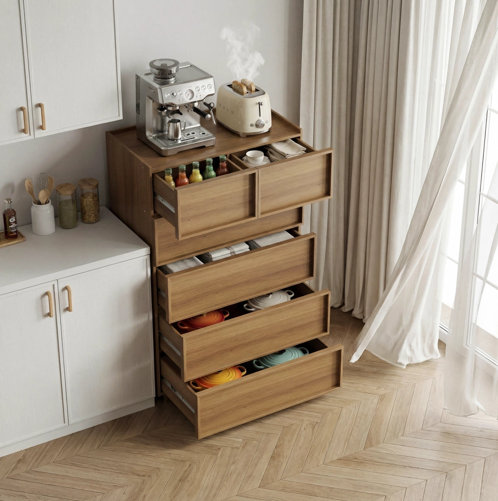 Cassettiera 80x48x127 cm con sei cassetti; guide in metallo; MDF e truciolare; naturale