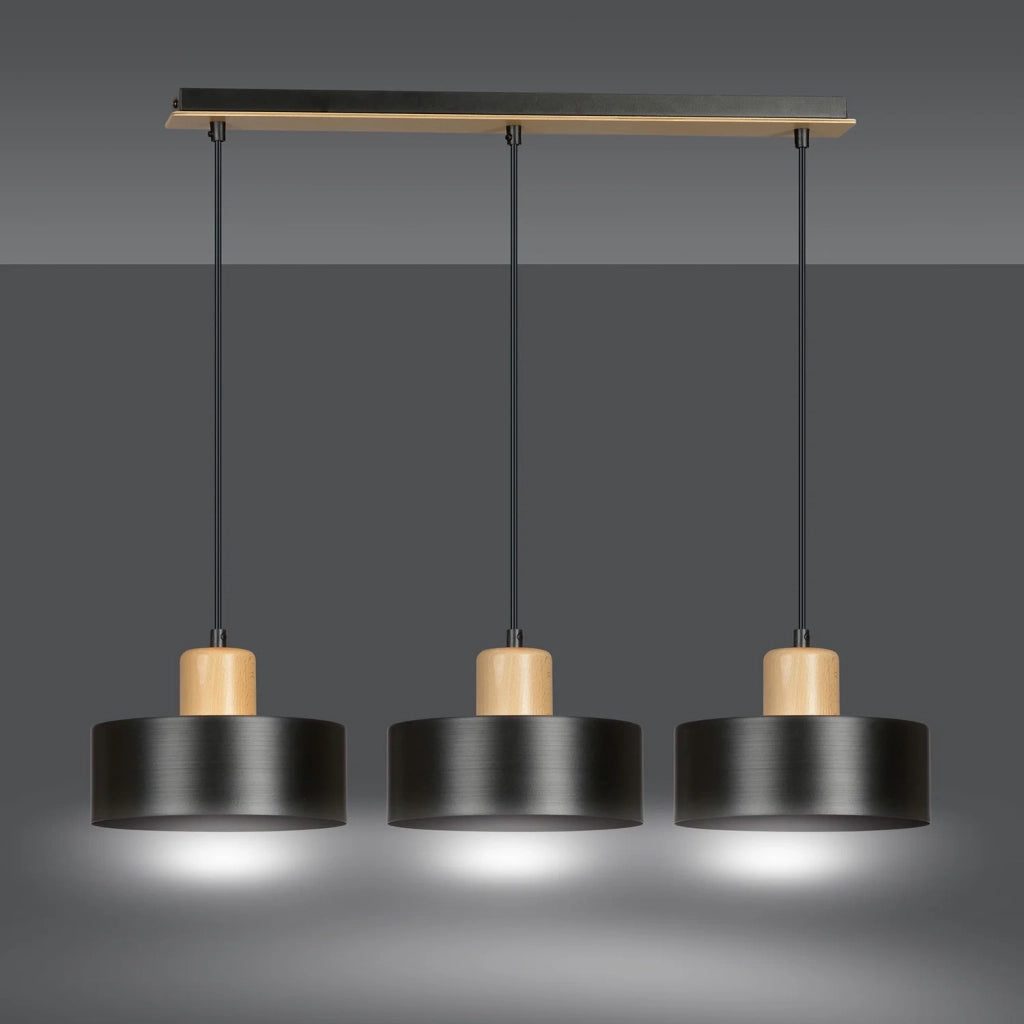 Sospensione Nordica 3 Luci Surya In Acciaio Nero E Legno