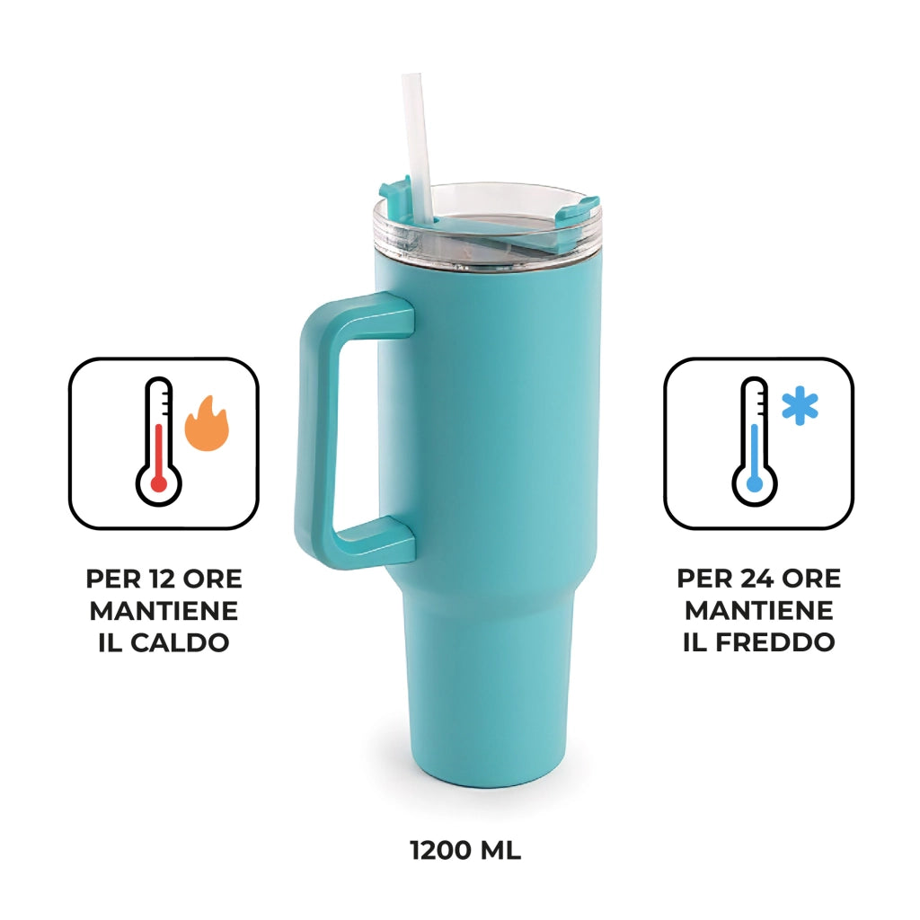 Borraccia Termica Americana 1200 ml in Acciaio Inox Doppio Strato Sottovuoto con Cannuccia e Manico – Smalto Antigraffio, Isolamento Caldo/Freddo, Coperchio Ermetico Azzurro