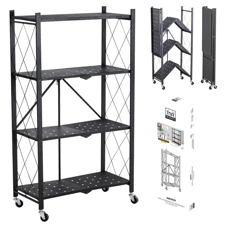 MA MAISON SCAFFALE PIEGHEVOLE 4 RIPIANI NERO CON ROTELLE PER SPOSTAMENTO RICHIUDIBILE E RIPONIBILE 72X24X125 CM