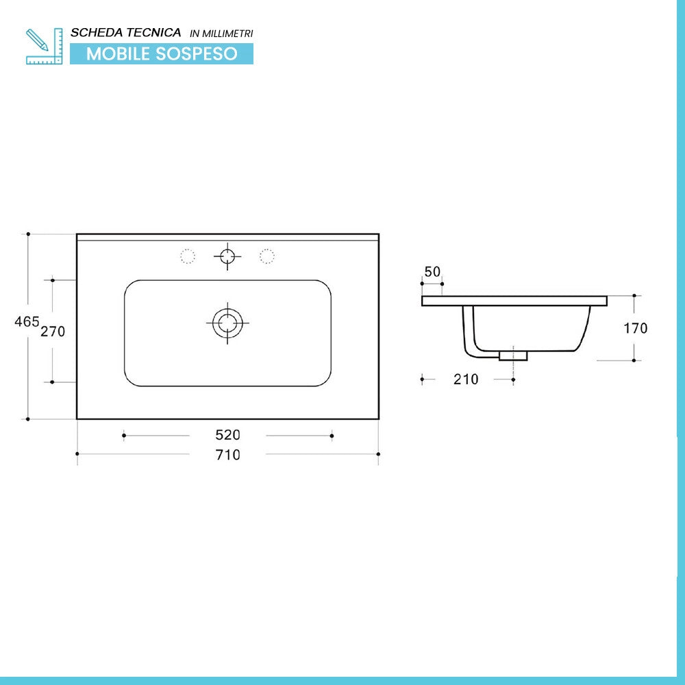 Mobile bagno sospeso 70 cm nero satinato con lavabo ad incasso Gaya