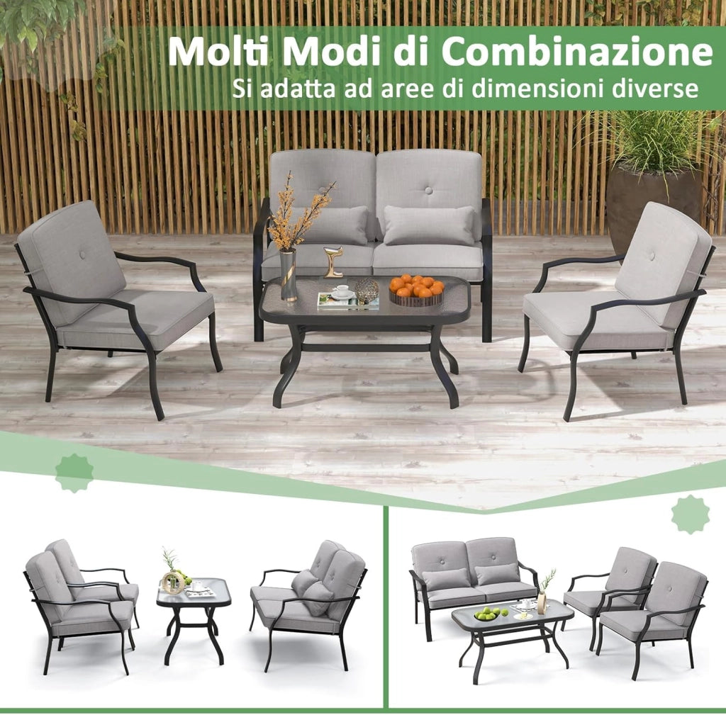 4 Pezzi Set di Mobili da Giardino, con Cuscini e Tavolino in Vetro Temperato, Struttura in MetalloSet di Divani da Esterno per Giardino Cortile e Piscina (Grigio)