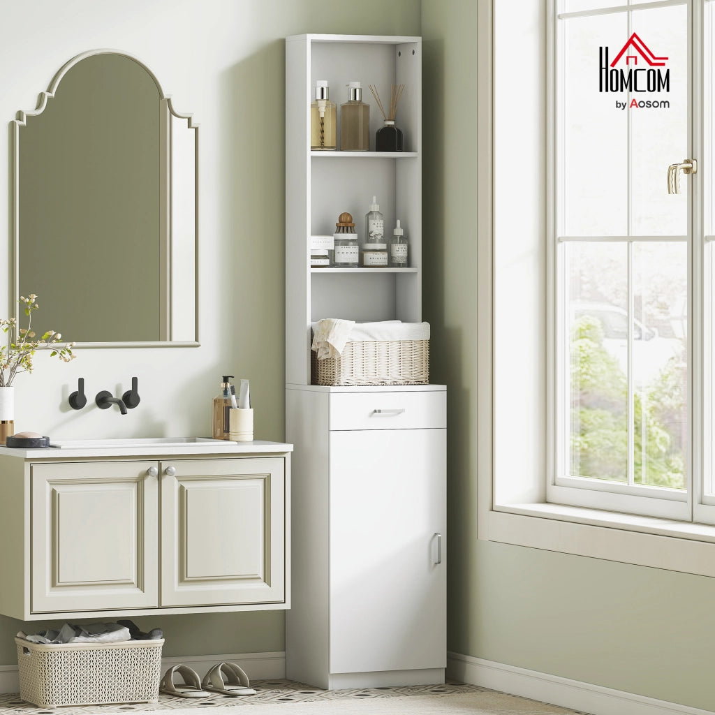 Armadietto Bagno Alto Stretto con Cassetti e Ripiani ¨C zephmum ¨C Bianco Truciolato 30x30x