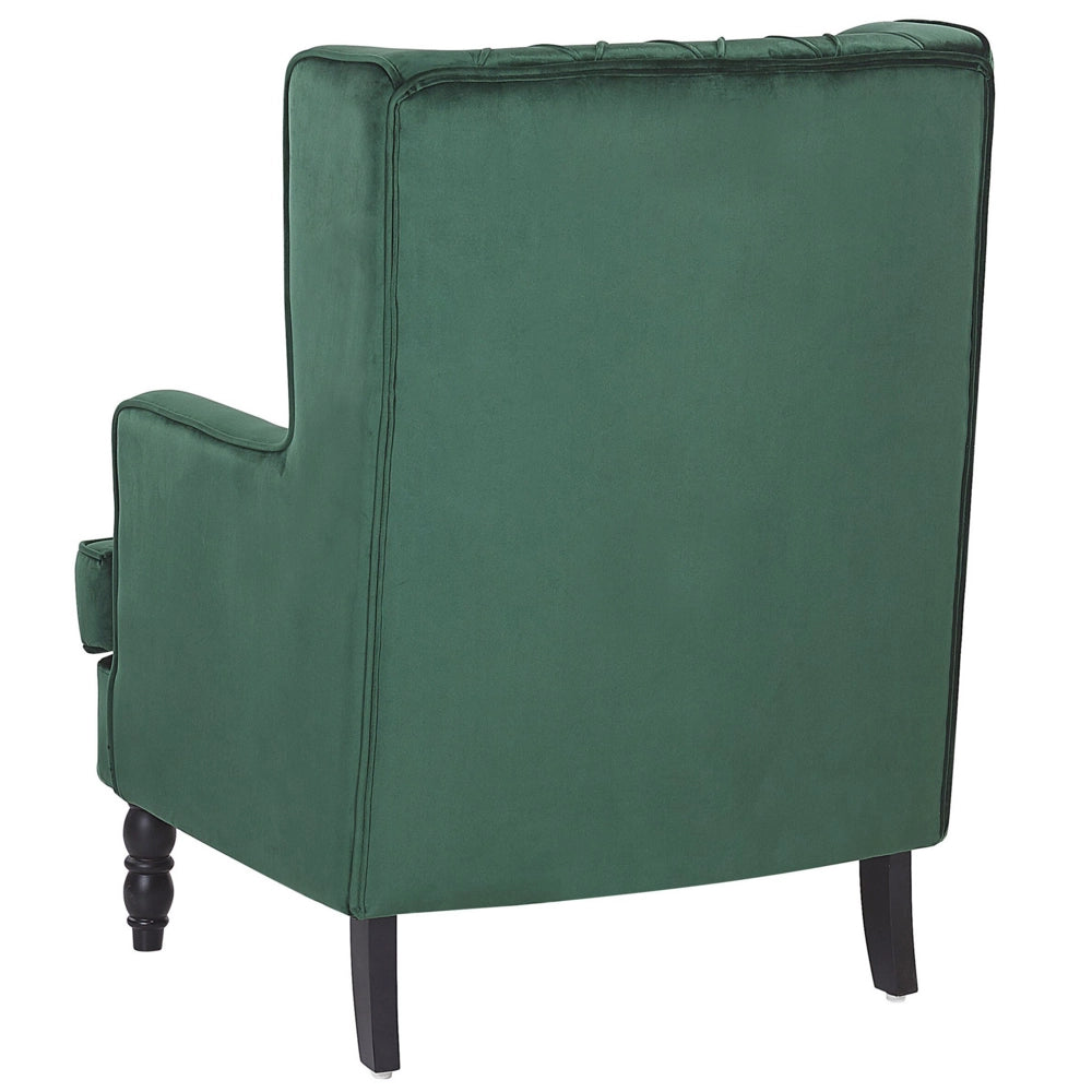 Poltrona con Poggiapiedi Tessuto Velluto Verde Gambe in Legno Stile Wingback
