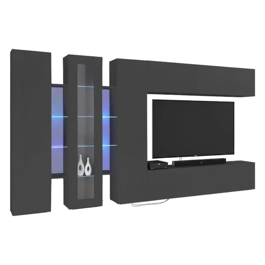 Parete attrezzata Bellino, Set salotto porta TV, Mobile soggiorno con vetrina e luce LED, 100% Made in Italy, cm 320x30h180, Antracite