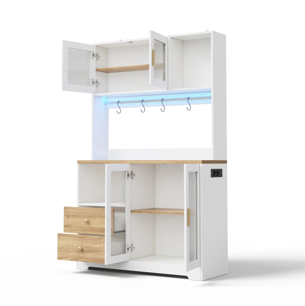Credenza cucina 110x40x178 cm con LED e prese; vetri temperati; MDF naturale e bianco