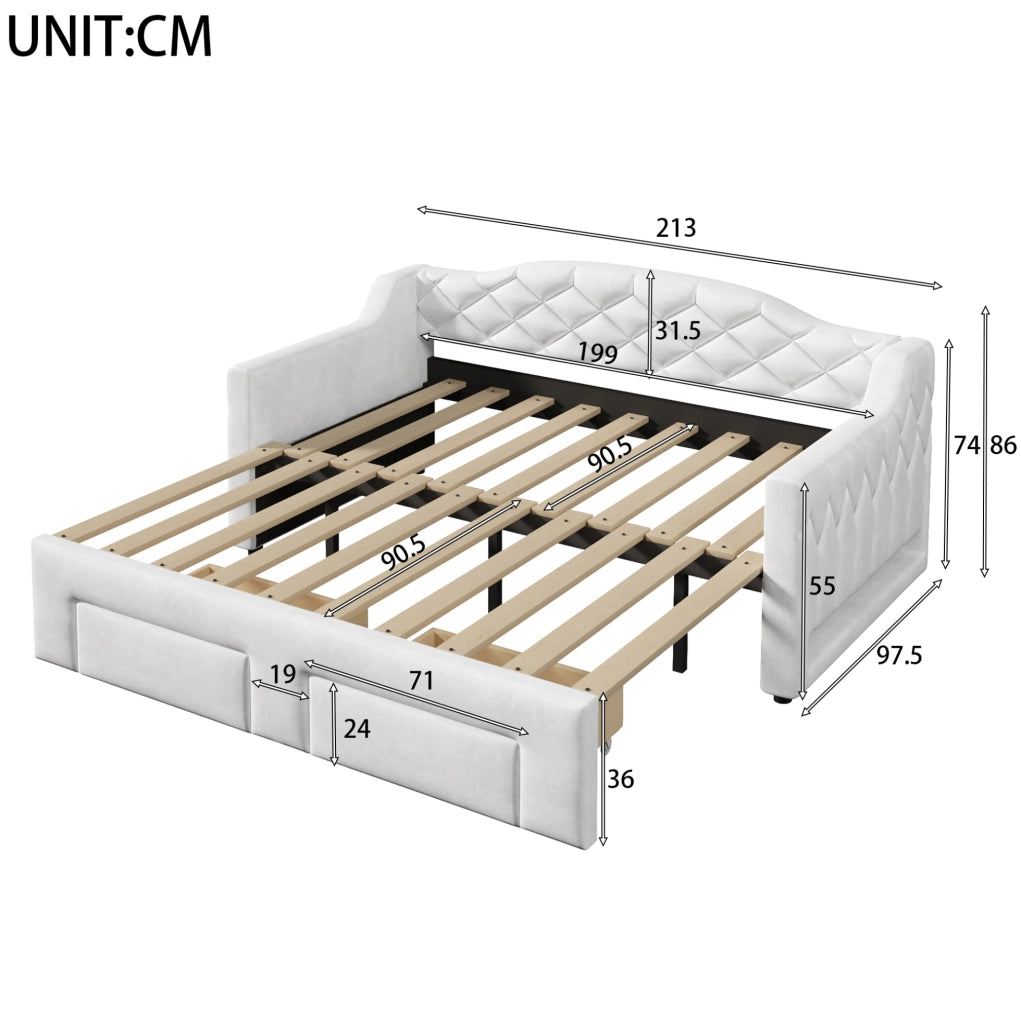 Divano letto imbottito estensibile 90x200 cm fino a 180x200 cm; con 2 cassetti e LED; bianco