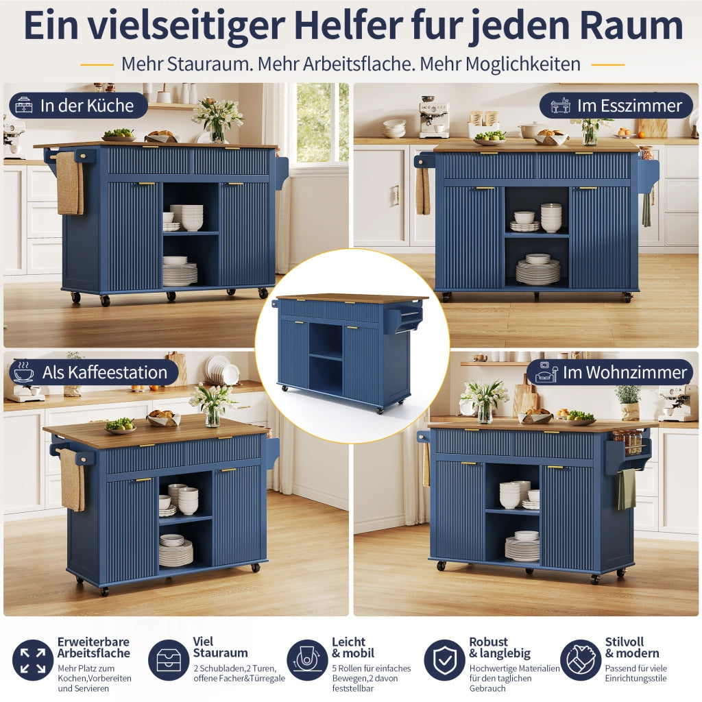 ISOLA DA CUCINA SU RUOTE 143x45/69x89,5 cm MDF Blu/Marrone