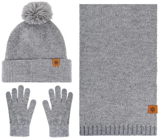 Set di abbigliamento per donne, cappello, sciarpa e guanti, tre pezzi, outdoor e morbido, Grigio Heather