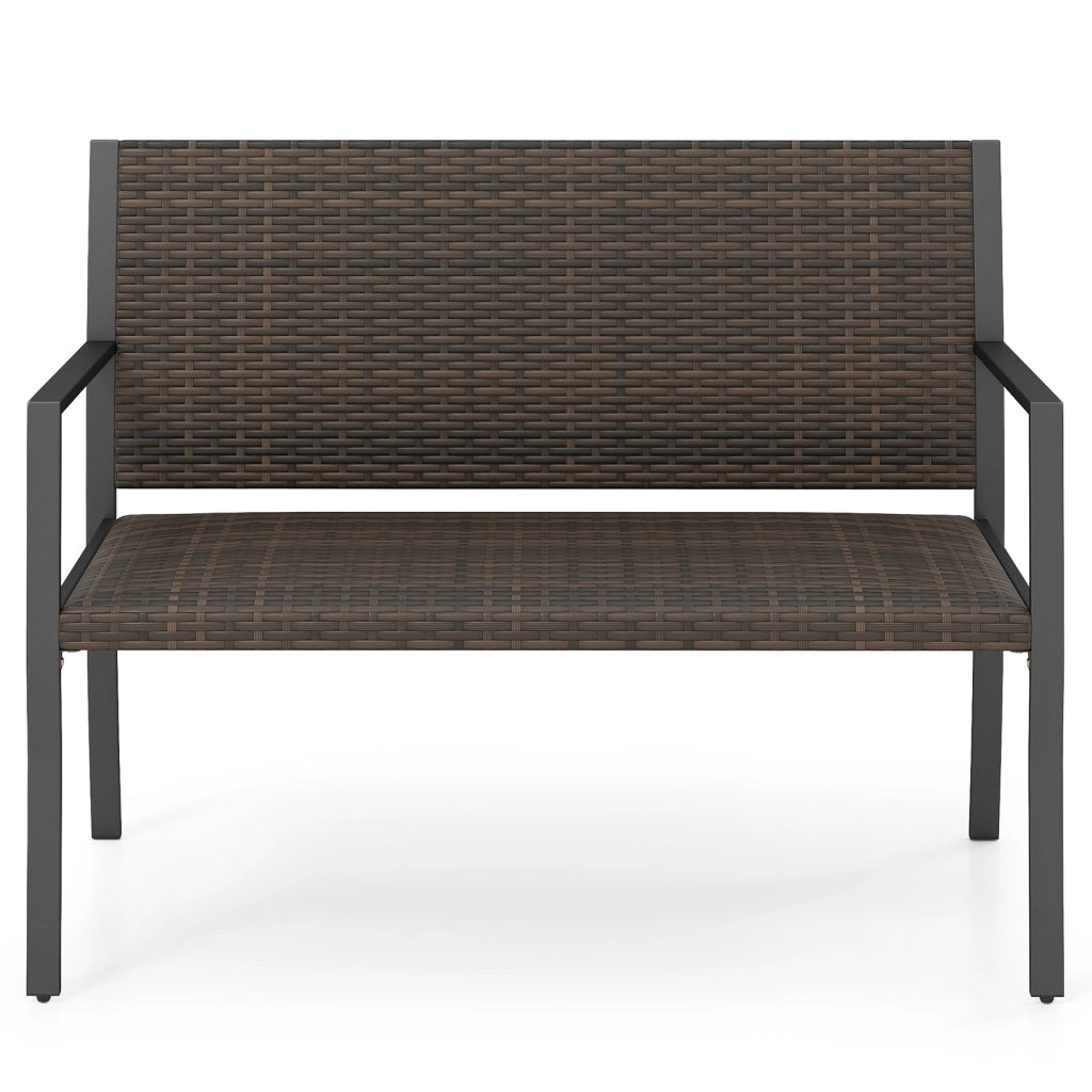 Panchina da giardino in rattan con braccioli e schienale ergonomici, Panca da esterno 2 posti per terrazza e balcone Marrone