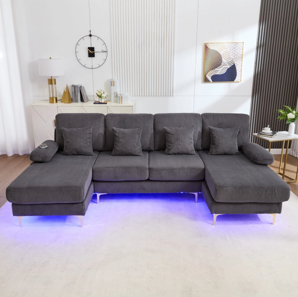 Divano a U con LED e porta USB 265x135x88 cm; in velluto grigio