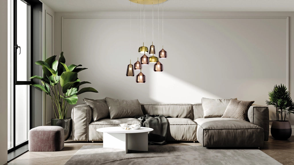X-RAY SOSPENSIONE RETTANGOLARE 9 LUCI VETRI 2 BRONZO, 5 RAME, 2 ORO MONTATURA ORO ATTACCO G9