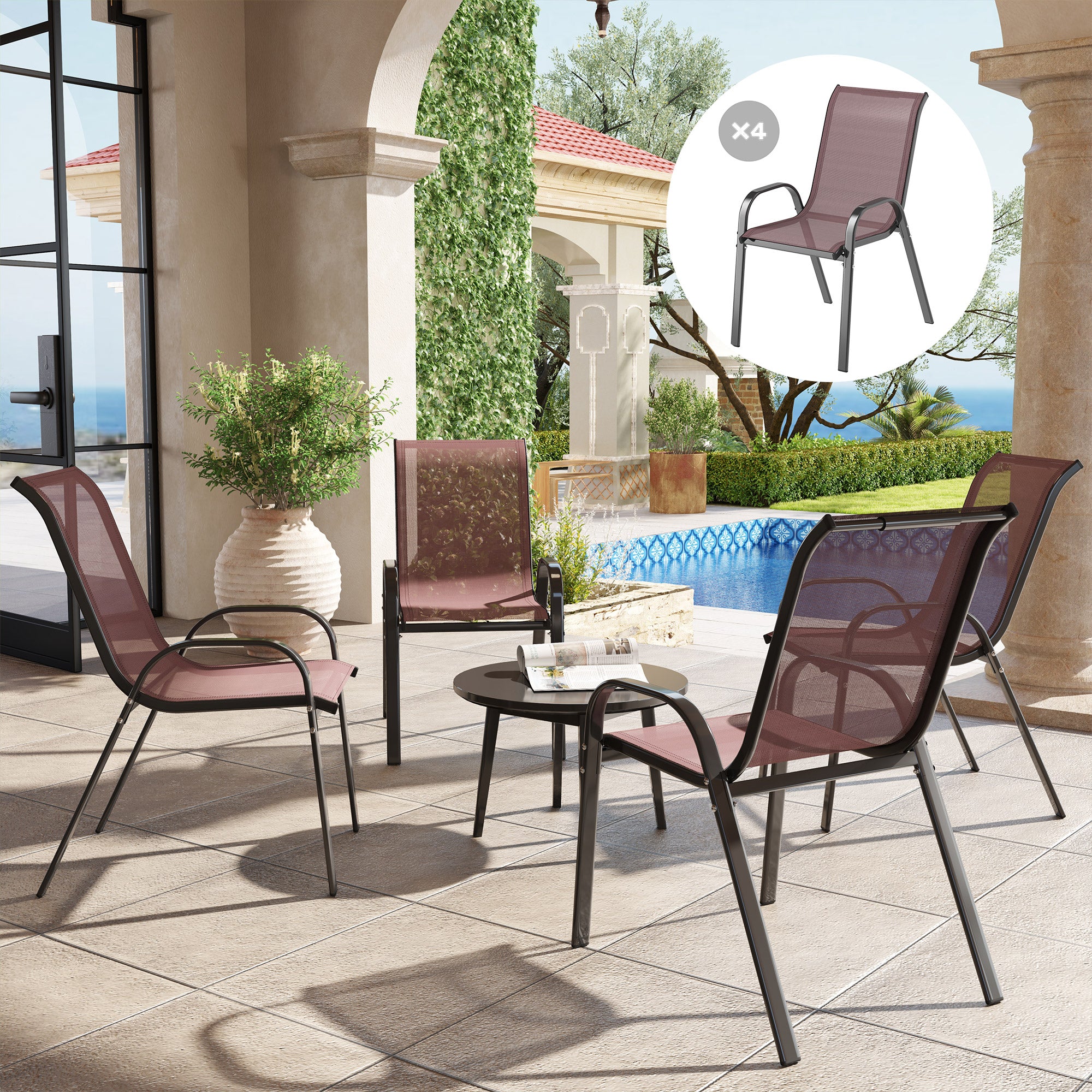 Set 4 Sedie da Giardino 54x71x93 cm Impilabili con Braccioli Curvi in Acciaio e Tessuto Traspirante Marrone