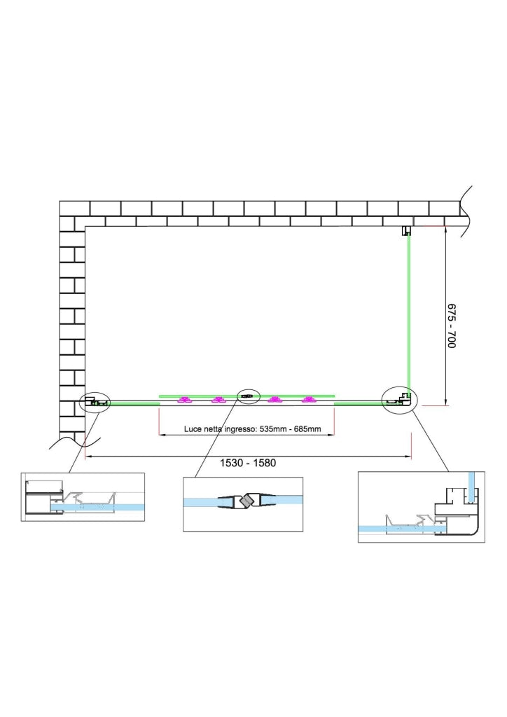 Box doccia 6 mm H 190 parete fissa e porta a 4 ante con apertura centrale MISURA 67,5-70 ANTA FISSA + PORTA 153-158