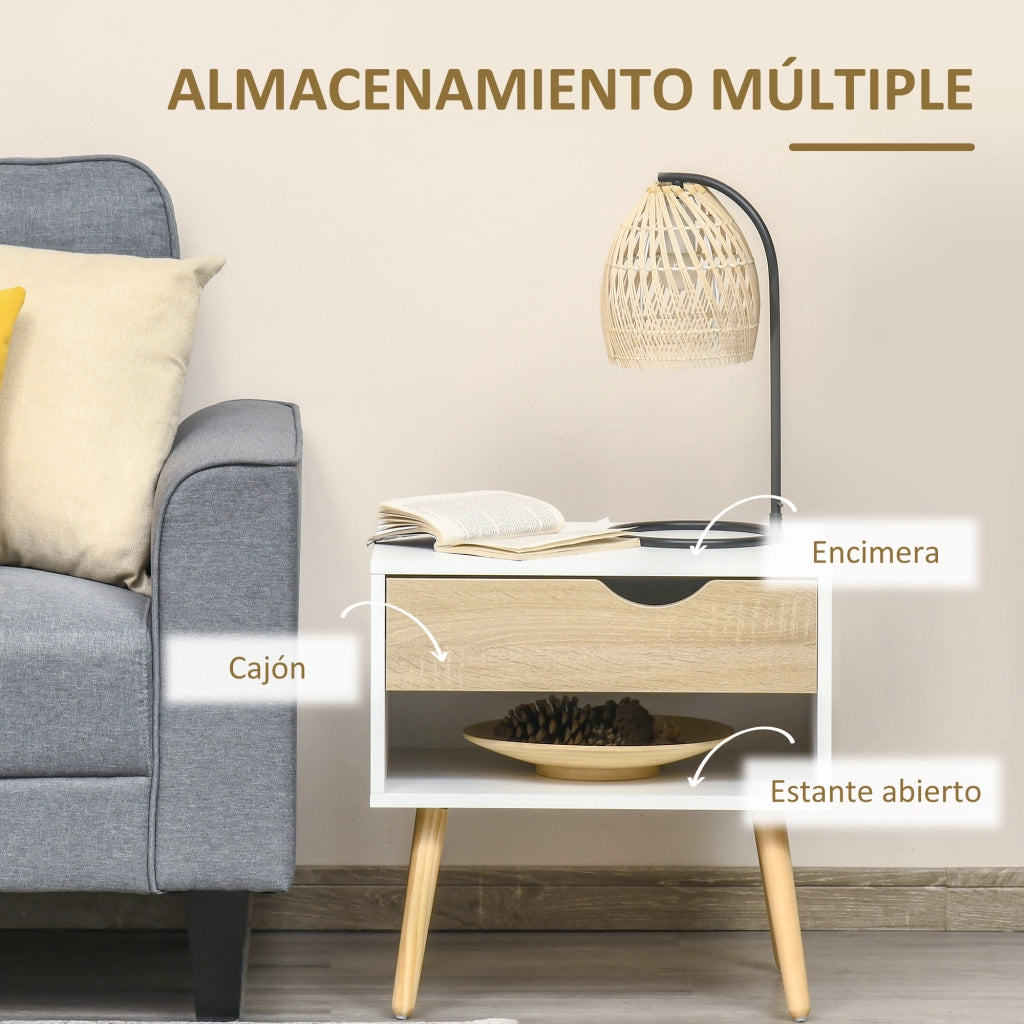 Comodino con cassetto e scaffale ¨C Zephmum ¨C 50x39x51 cm bianco e rovere