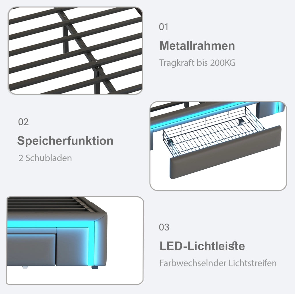 Letto imbottito 90x200 con cassetti e luce LED