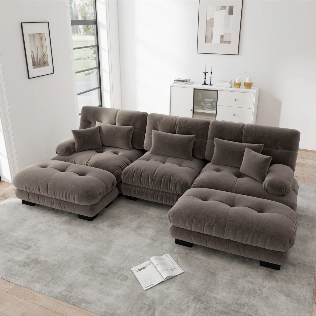 Divano modulare angolare con seduta profonda e pouf mobili trasformabile a U in chenille marrone 313 × 145 × 81 cm