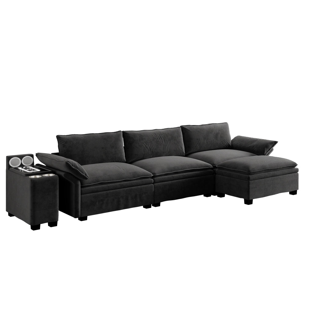 Divano Angolare Modulare 315 cm ¨C MINIMAL ¨C Chenille Nero con Contenitore, Poggiapiedi e Luce