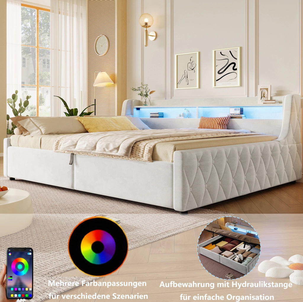 Letto imbottito 140x200 cm con LED e vano contenitore beige