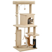 Albero per Gatti Multilivello Alto 132 cm con Casetta. Lettino. Pali Tiragraffi. Spazzola e Pallina. Beige