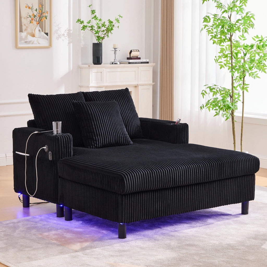 Poltrona relax oversize 142x128x85 cm con LED; USB e portabicchieri in velluto a coste nero
