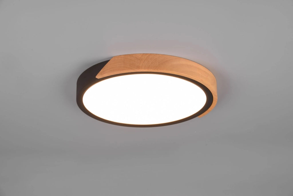 JANO PLAFONIERA LED 20W 2400lm, 3000K ROTONDA BORDO NERO E LEGNO NATURALE CON FUNZIONE DI REGOLAZIONE INTENSITA' CON NORMALE INTERRUTTORE A PARETE D. 31,5CM