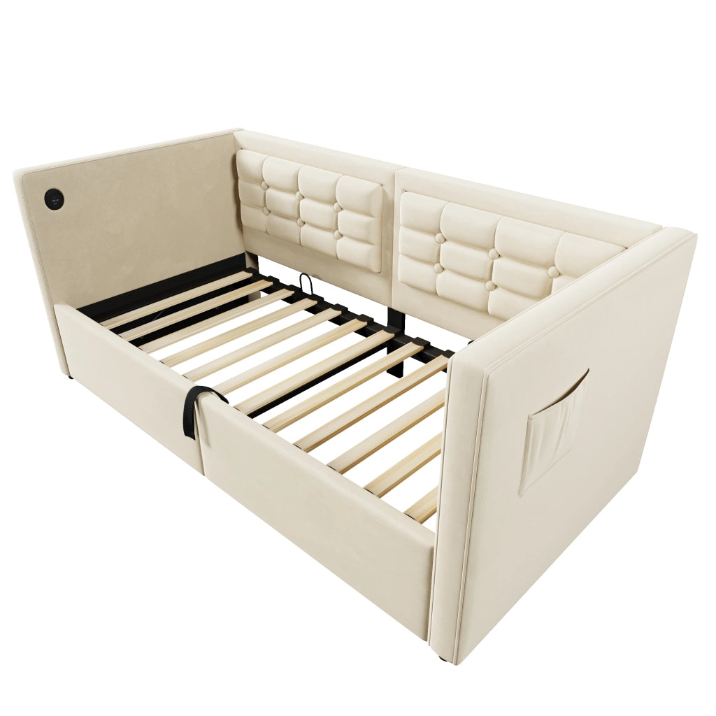 Divano letto imbottito 90x200 cm in velluto beige con contenitore idraulico e porta USB/Type-C