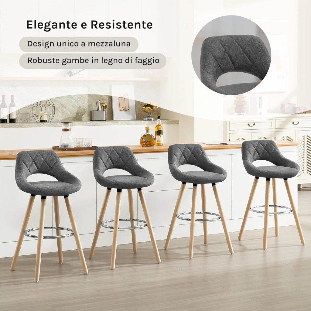 Sgabelli da Cucina Set di 4, Sgabello da Bar per Colazione, Sgabelli Alti con Poggiapiedi e Schienale, Sedile in Lino+Gambe in Legno, Grigio Scuro, BH111dgr-4