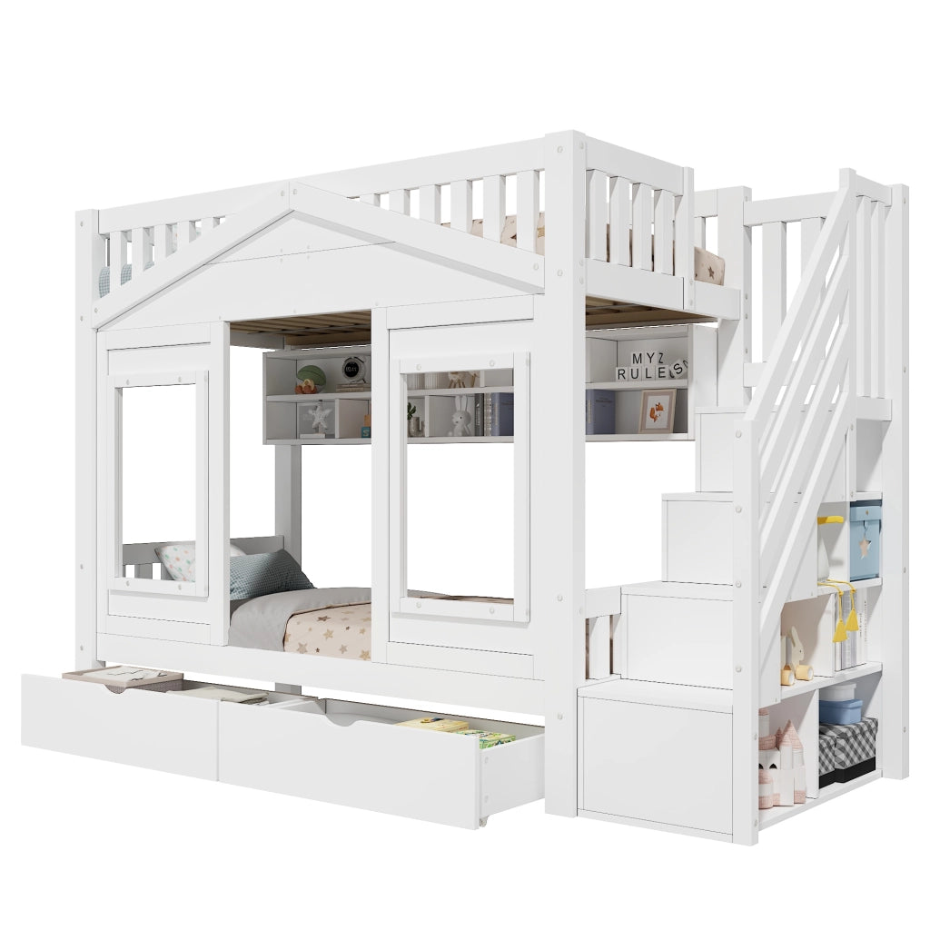 Letto a soppalco per bambini 90x200 cm con scala contenitore; finestra decorativa; parapetto; legno massello; bianco