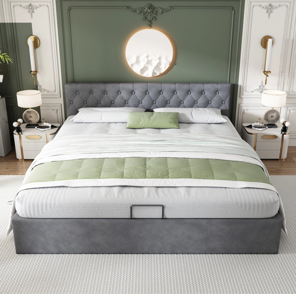 Letto imbottito in velluto con contenitore idraulico; per materasso 180x200 cm; grigio