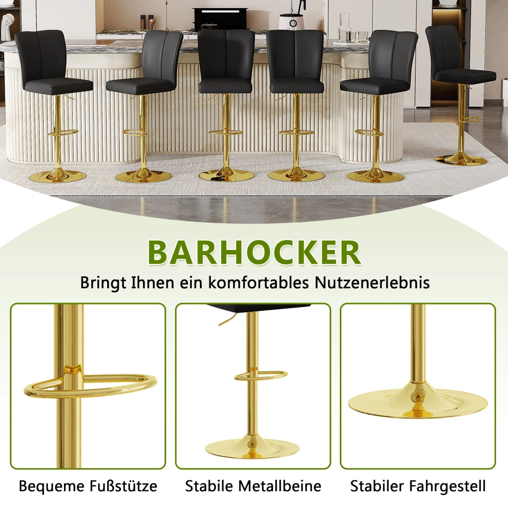 Sgabello da bar girevole a 360° con altezza regolabile e poggiapiedi, set da 2, in PU pelle e metallo nero oro
