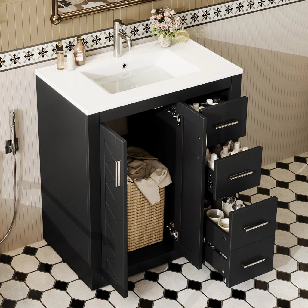 Mobile sottolavabo con lavabo integrato 3 cassetti doppio armadietto MDF e ceramica nero 76 × 46,5 × 85,5 cm