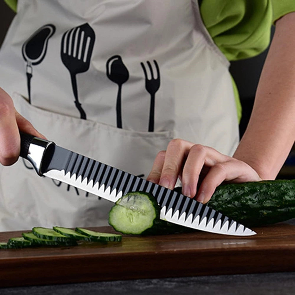 Trade Shop - Set Di Coltelli Da Cucina In Acciaio 6pz Manico In Silicone Con Motivo Ondulato Nero -